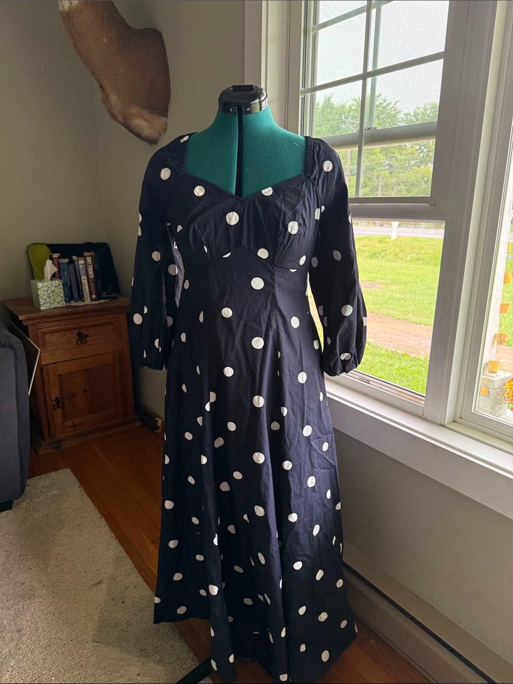 Polka Dot Midi Dress with Sweetheart Bodice — Black & White